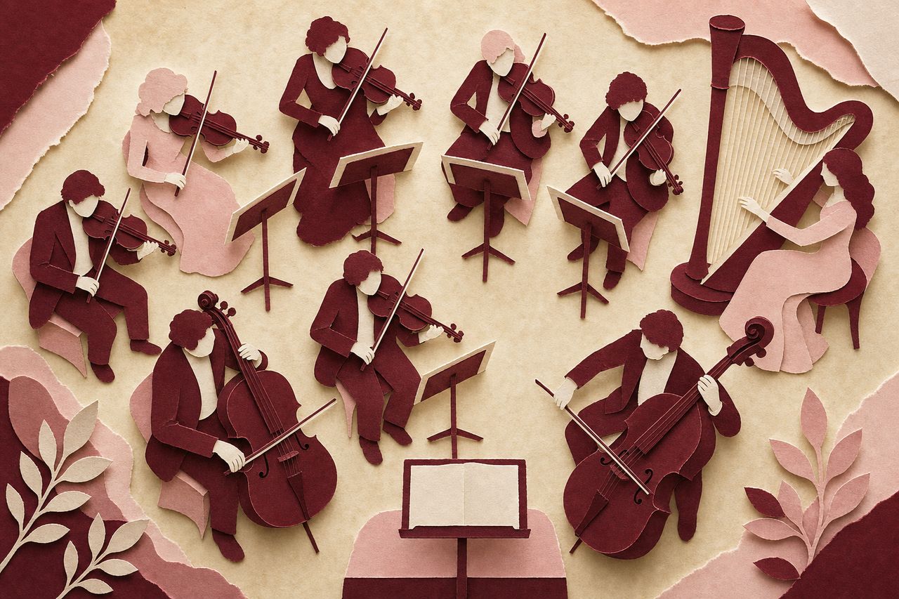 Een kamerorkest van bovenaf, uitgesneden uit gelaagd papier: violen, een cello, een harp en lessenaars in een boog op perkament (met AI gemaakte afbeelding)