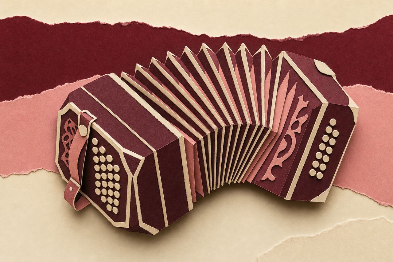 Papieren bandoneon met gescheurde stroken in wijnrood en roze (met AI gemaakte afbeelding)