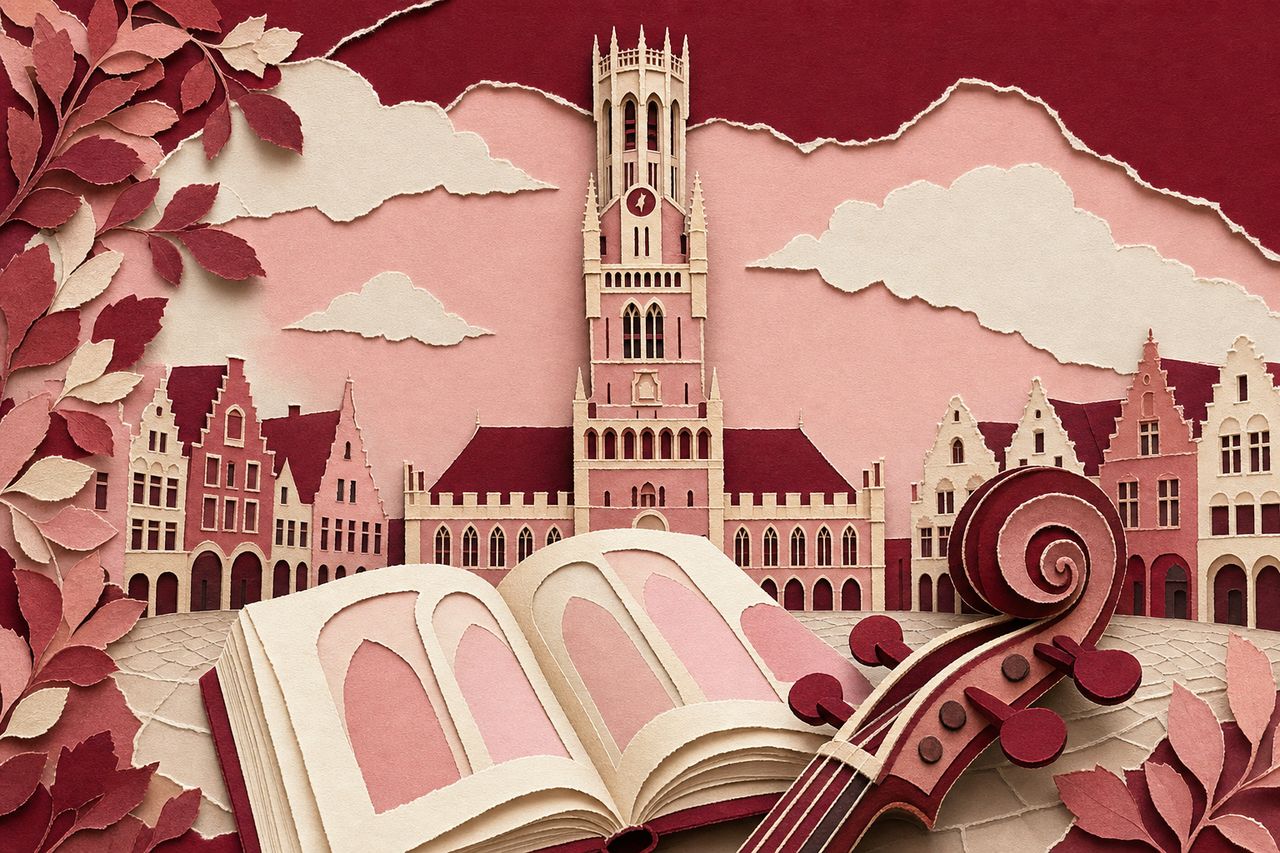 Papieren belforttoren met een partijboek en een vioolkrul ervoor (met AI gemaakte afbeelding)