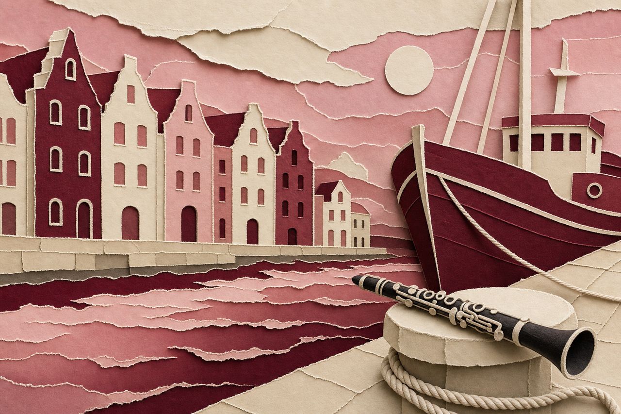 Papieren havenkade met een klarinet en gescheurde stroken in wijnrood en roze (met AI gemaakte afbeelding)