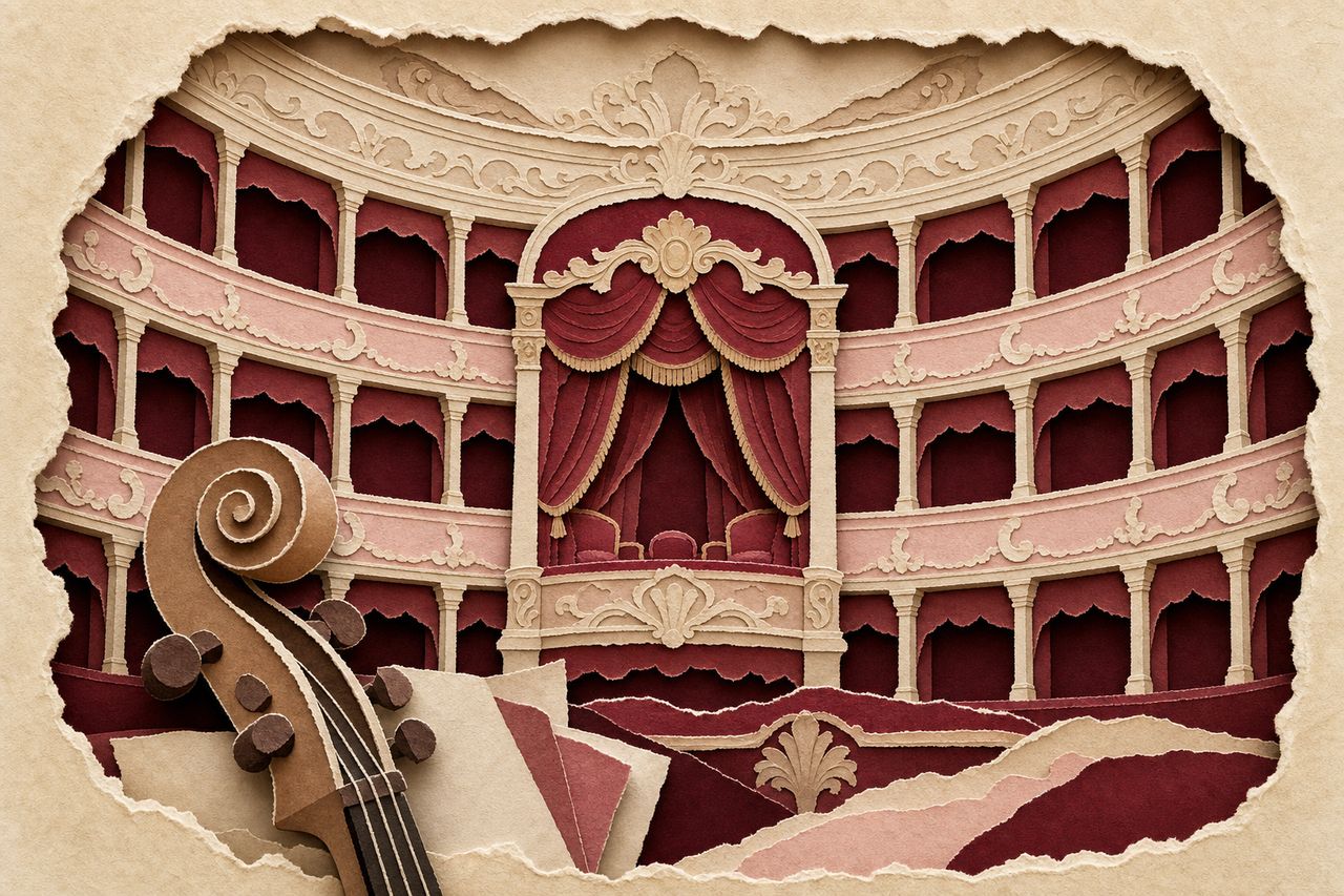 Papieren operatheater met logeloge, een vioolkrul en een gescheurde perkamentrand (met AI gemaakte afbeelding)