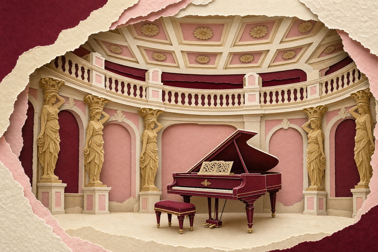 Papieren concertzaalbalkon met gouden pilaren, een fortepiano en gescheurde stroken (met AI gemaakte afbeelding)