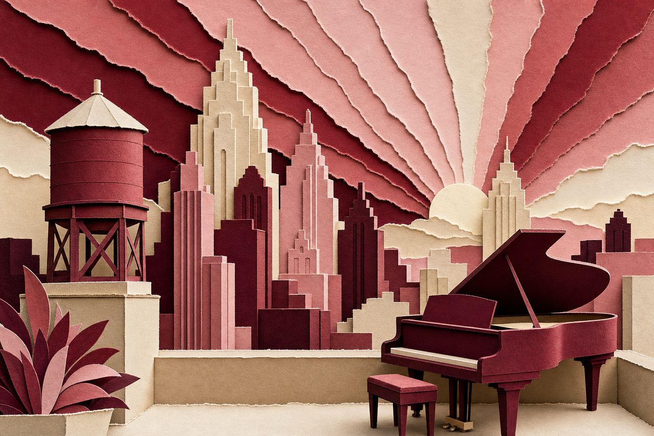 Papieren skyline met een vleugel en een waaier van gescheurde stroken in wijnrood en roze (met AI gemaakte afbeelding)