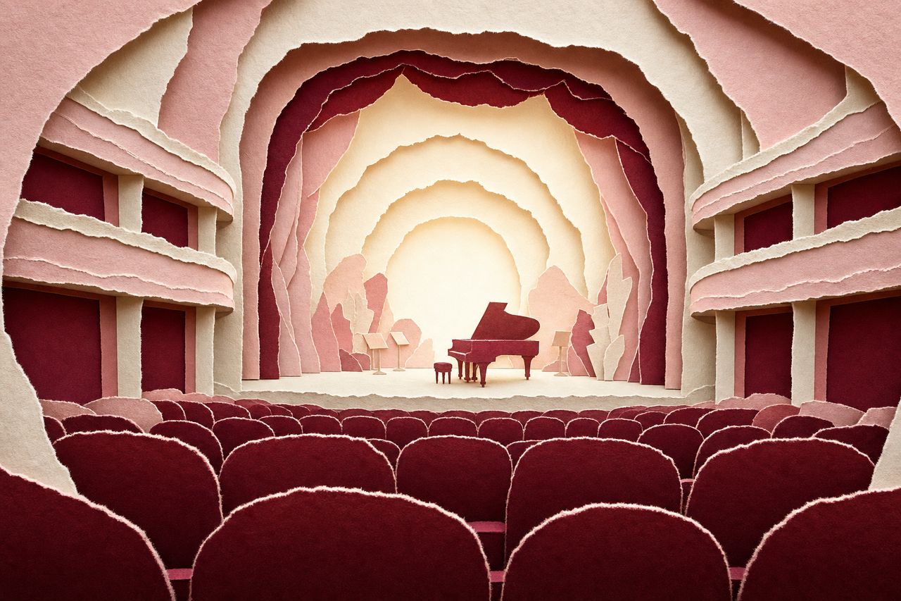 Een concertzaal van gelaagd papier gezien vanaf de achterste rij: stoelenrijen, een verlicht podium en een zachte halo (met AI gemaakte afbeelding)