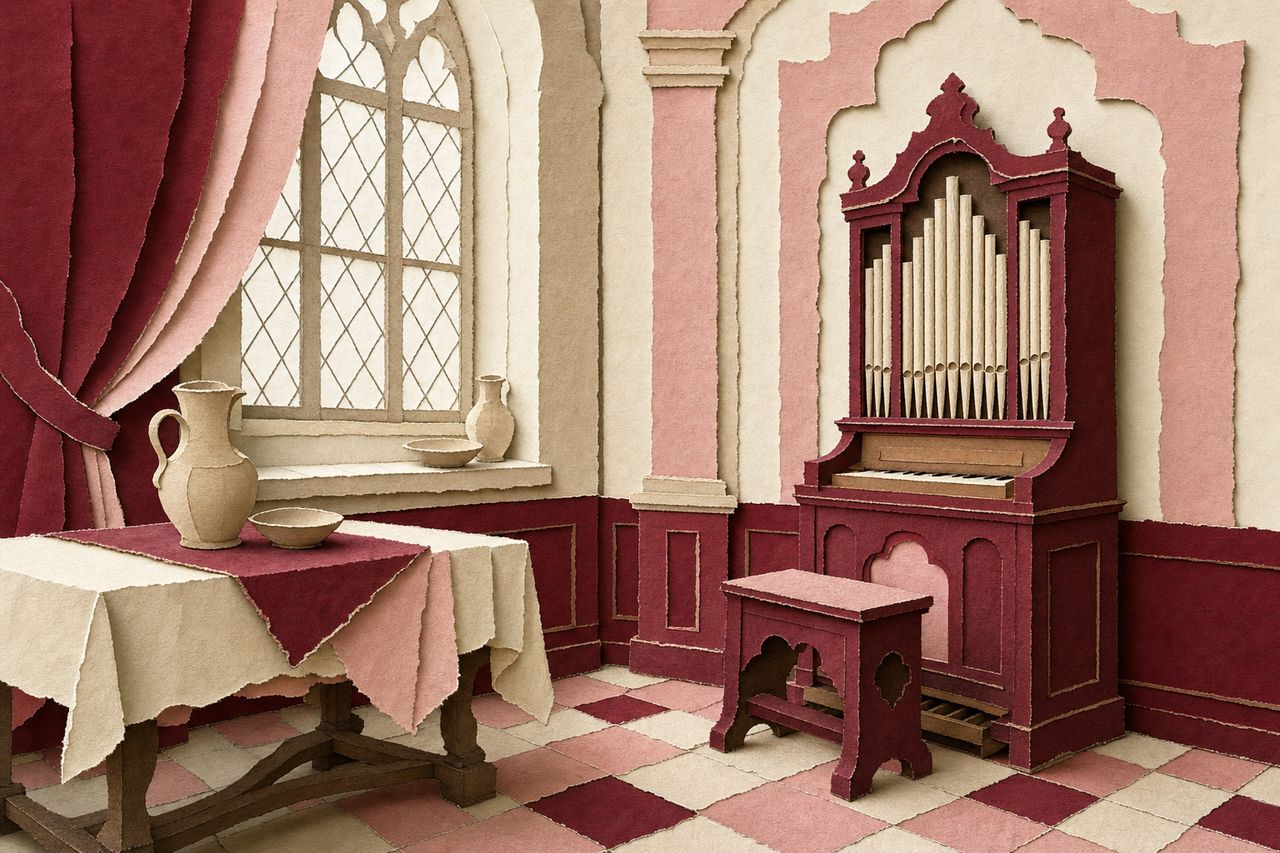 Een zeventiende-eeuws interieur van gelaagd papier met tegelvloer, hoog glas-in-loodraam en een kabinetorgel (met AI gemaakte afbeelding)