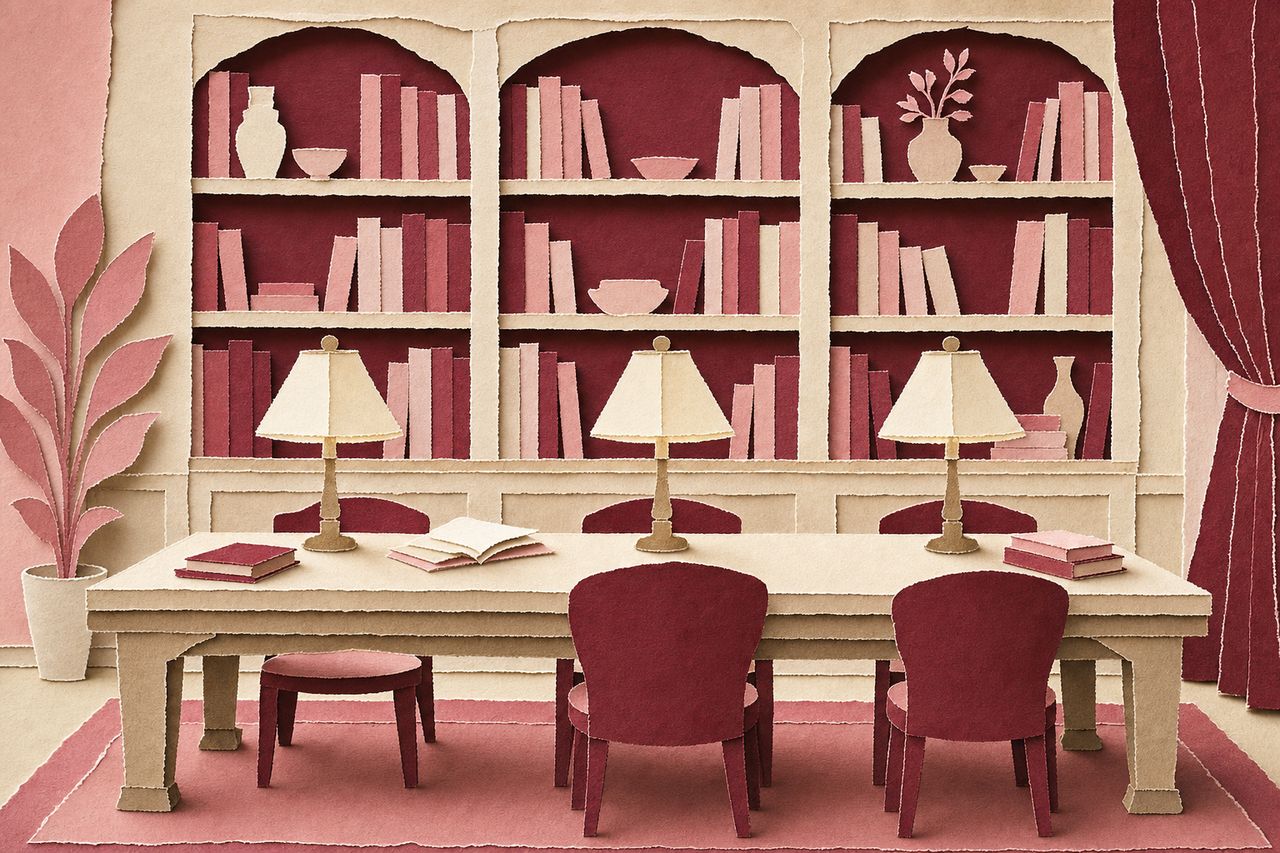 Een leeszaal van gelaagd papier met een lange tafel, drie lampen en een wand met boeken erachter (met AI gemaakte afbeelding)