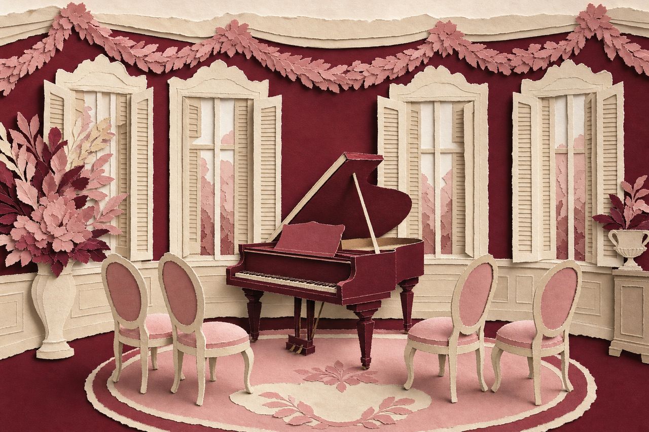 Papieren salon met fortepiano, vier stoelen in een halve cirkel en hoge luiken (met AI gemaakte afbeelding)