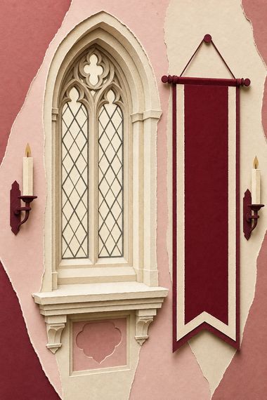 Een opengeslagen koorboek op een lessenaar van gelaagd papier, met een renaissancistisch boograam erachter en een wandkleed opzij (met AI gemaakte afbeelding)
