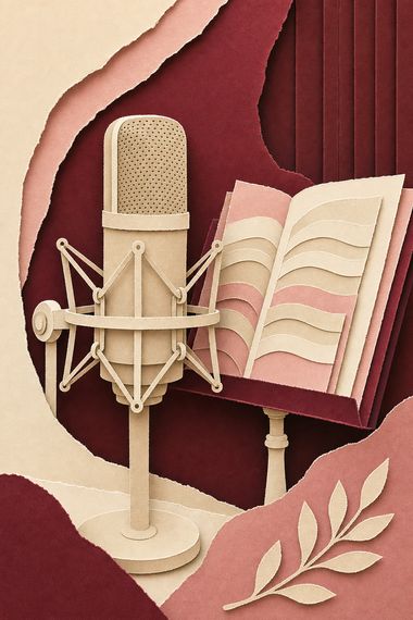 Een papieren studiomicrofoon op een statief, met een dirigeerpartituur en een lessenaar erachter (met AI gemaakte afbeelding)