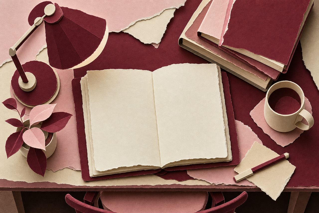 Een redactietafel van bovenaf, uitgesneden uit gelaagd papier: een opengeslagen blanco schrift, een stapel naslagwerken, een lamp en een beker (met AI gemaakte afbeelding)