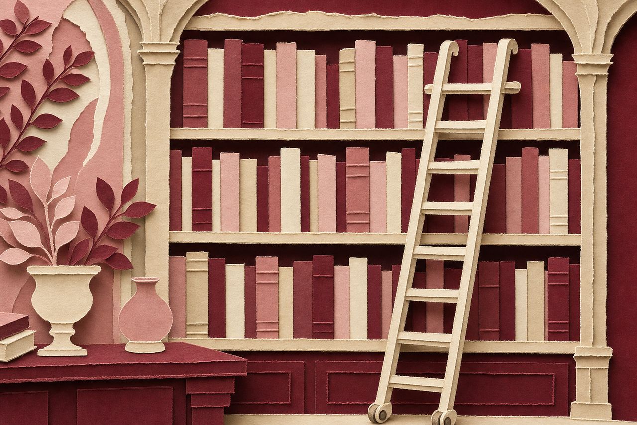 Een boekenwand van gelaagd papier met gebonden delen op de planken en een verrijdbare ladder ertegenaan (met AI gemaakte afbeelding)