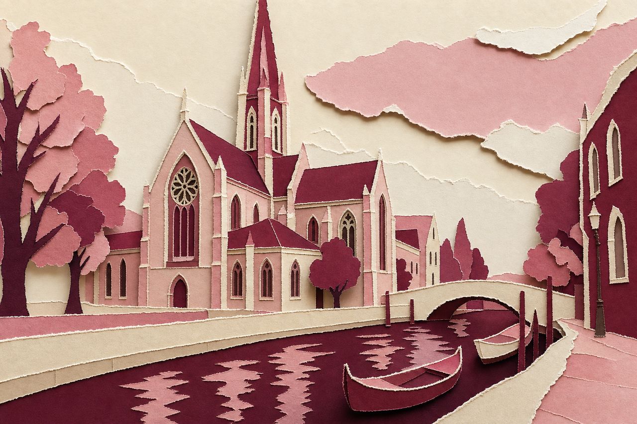 Een gotische kerk aan een gracht, uitgesneden uit gelaagd papier, met een hoge toren en bootjes op het water (met AI gemaakte afbeelding)