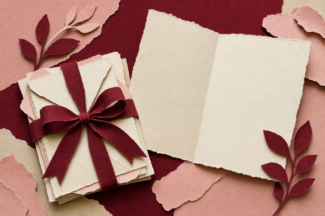 Een bundel gevouwen brieven van gelaagd papier, samengebonden met een lint, met één opengeslagen blad (met AI gemaakte afbeelding)