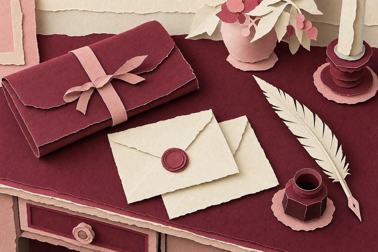 Een schrijftafel van gelaagd papier met twee verzegelde brieven, een ganzenveer, een inktpot en een reiskoffer (met AI gemaakte afbeelding)