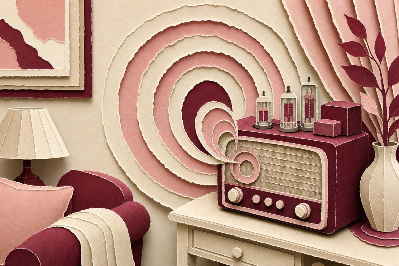 Een papieren buizenradio op een bijzettafel met concentrische papieren geluidsringen die uit de luidsprekerstof komen (met AI gemaakte afbeelding)